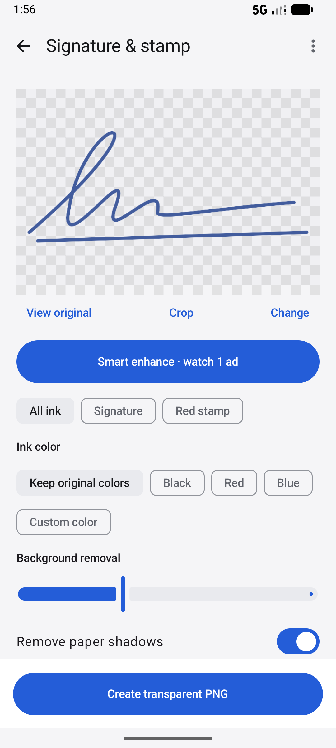Actual signature editor with a synthetic example mark. Checkerboard areas are transparent.